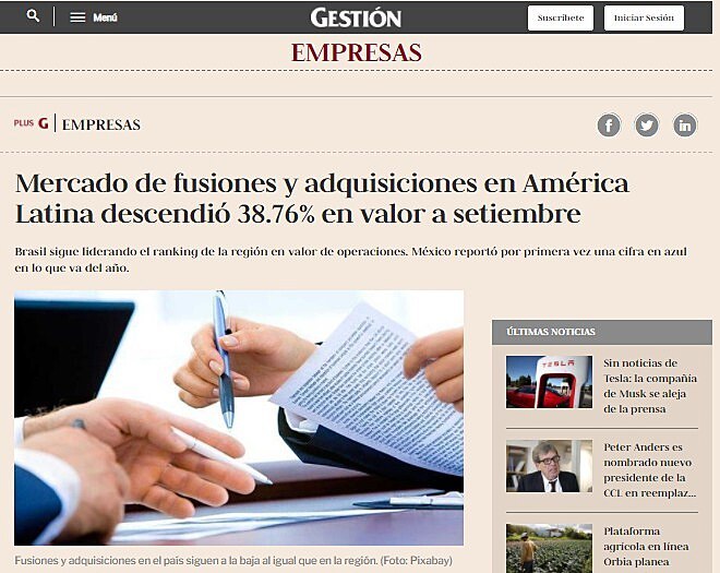 Mercado de fusiones y adquisiciones en Amrica Latina descendi 38.76% en valor a septiembre